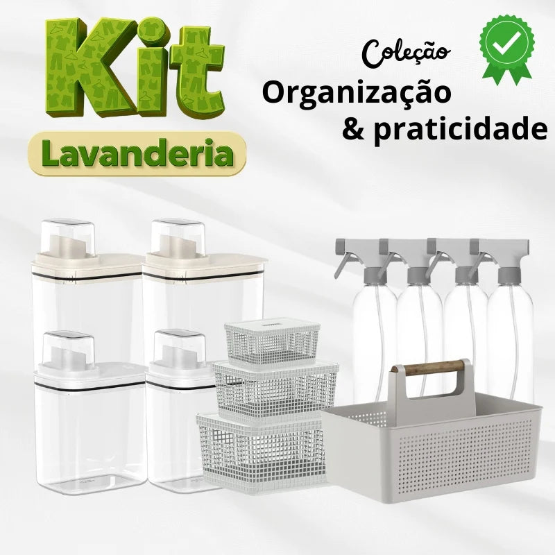 Kit Lavanderia Completo – 12 Peças (4 Potes Herméticos, 4 Cestos Organizadores, 4 Borrifadores)