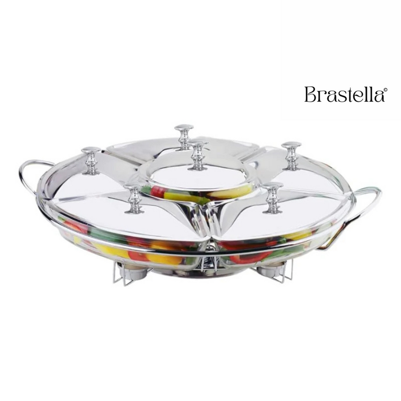 Rechaud Giratório Com 6 Compartimentos Aço Inox E Vidro