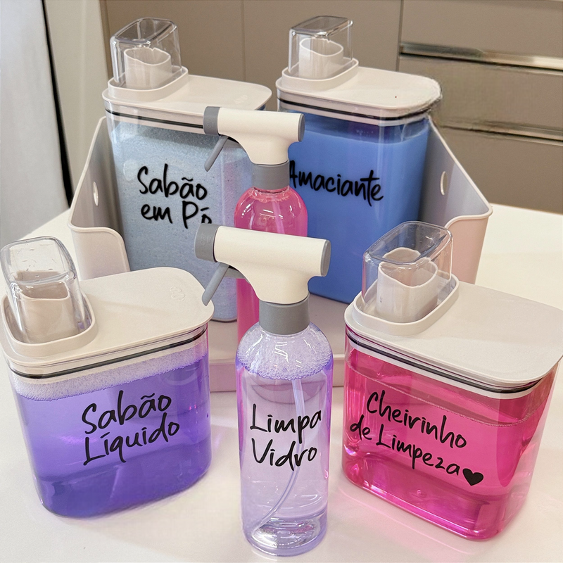 Kit Lavanderia Completo – 12 Peças (4 Potes Herméticos, 4 Cestos Organizadores, 4 Borrifadores)