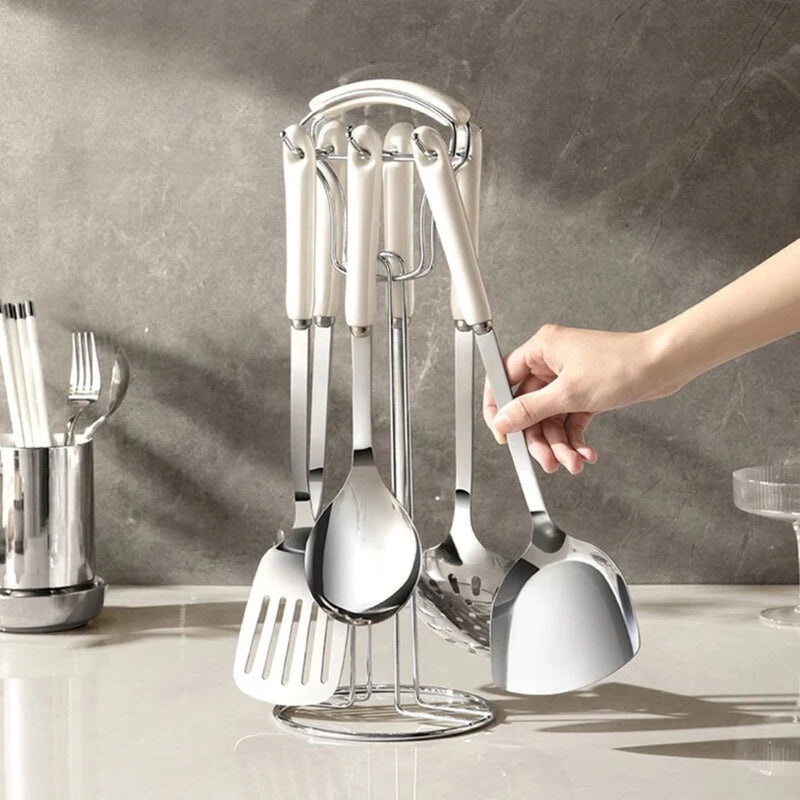 Kit de Utensílios de Cozinha em Aço Inox com Cabo de Cerâmica – 7 Peças